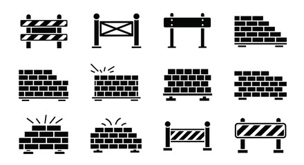 Obraz premium Construction Barriers and Brick Wall Icons Set, Vector Graphics