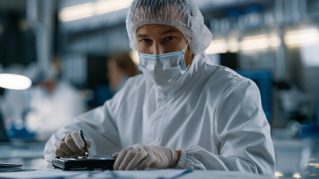 Cyber forensics investigator in sterile evidence collection lab carefully preserves encrypted hard drive using write-blocking hardware, chain of custody documentation visible, digital evidence integ