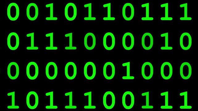 Rows of bright green binary numbers displayed on a black background create a classic digital and coding theme suitable for technology-related projects.
