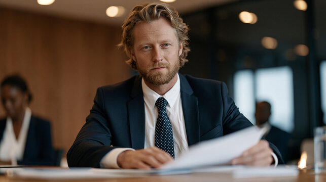 Cyber diplomat at international conference table in luxury boardroom negotiates cross-border cybersecurity treaty terms with foreign delegates, multilateral agreement documentation visible, governme
