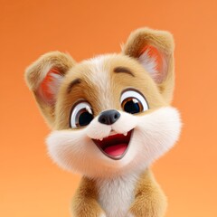 Fototapeta premium Cute cartoon puppy with large expressive eyes and a broad smile, set against a bright orange background, Ideal for projects related to pets, joy, and youthfulness,