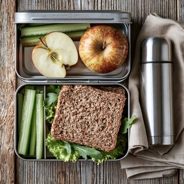 Ge&ouml;ffnete Bento-Lunchbox aus Metall mit gesundem Sandwich, Apfelscheiben und frischen Snacks