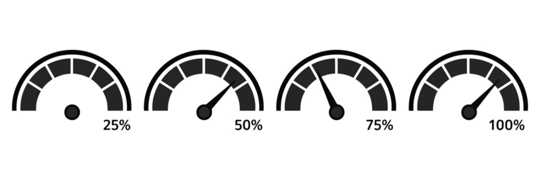 Speedometer logo vector illustration set featuring automotive speed measurement and performance dial icons in black style
