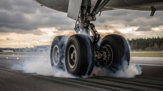 Airplane landing gear touching down on airport runway with smoke.