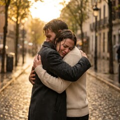 Fototapeta premium Paar umarmt sich emotional auf regennasser herbstlicher Straße - berührender, emotionaler Moment