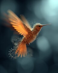 Fototapeta premium Golden hummingbird hovers mid-air, wings blurred. Dust motes dance around its body, soft and glowing. Dark bokeh background contrasts its warm, radiant hue