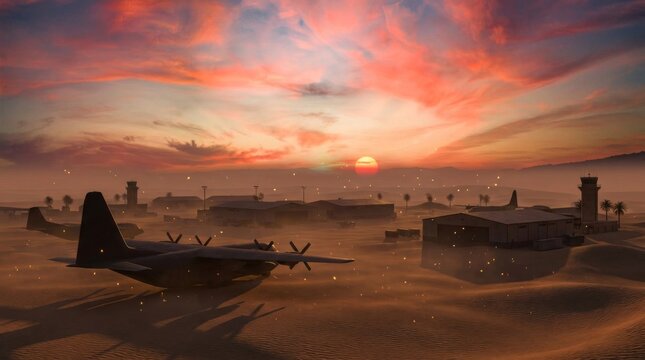 Military transport aircraft parked on a desert airfield during a dramatic sunset.