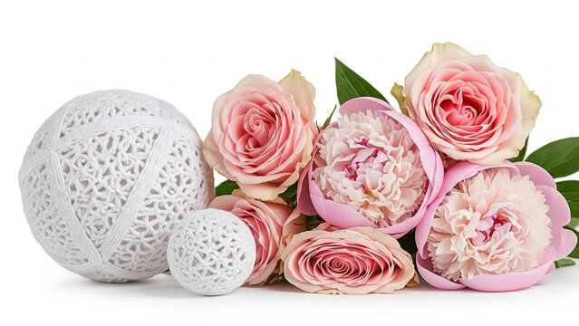 Pink Roses and Peonies with White Yarn Balls