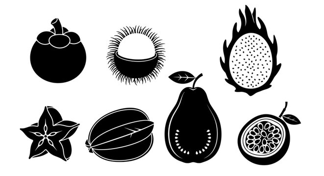 Exotic Fruit Silhouettes: Mangosteen, Rambutan, Dragon Fruit, Starfruit, Durian, Guava, Passion Fruit