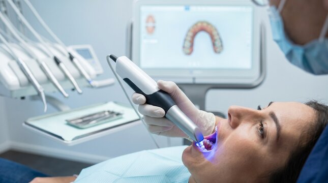 Dentist using an intraoral scanner to capture a digital impression of a patient&rsquo;s teeth in a modern dental clinic, with a dental scan displayed on the monitor.