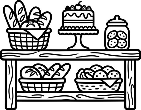 Bakery Display Vector: Breads, Cake, Cookies on Shelves