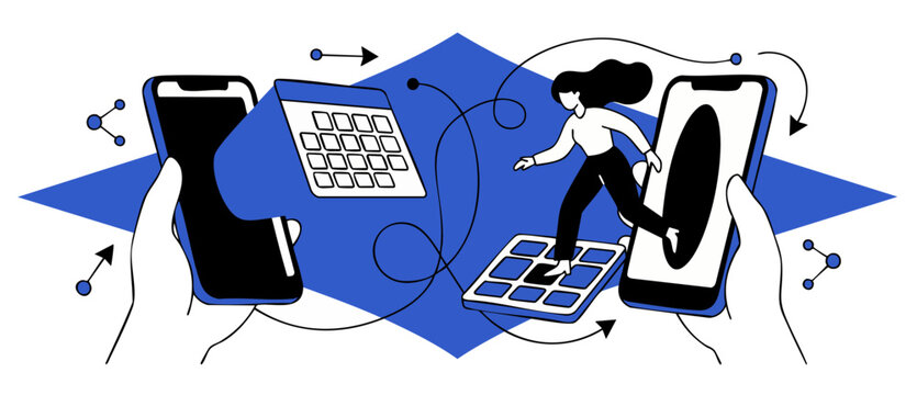 Online scheduling mobile app illustration with woman planning tasks between two smartphones, calendar sync, time management systems, and abstract workflow connectivity in flat blue black vector style.