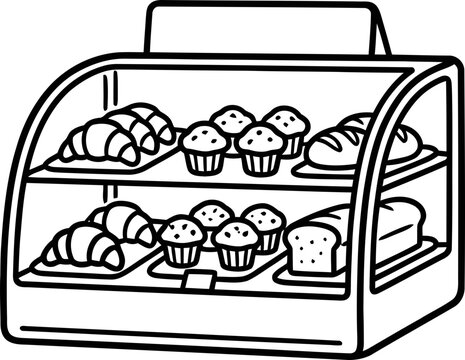 Bakery Display Case with Croissants, Muffins, and Bread - Line Art