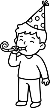 Happy Boy in Party Hat Blowing Horn, Line Art Illustration