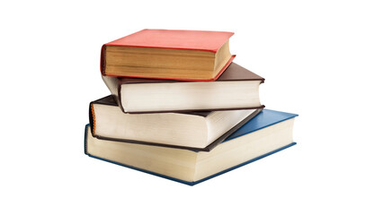 Fototapeta premium Stack of Four Multi-Colored Hardcover Books Isolated on White Background for Education and Literature Concept