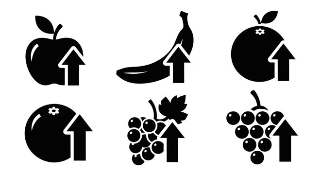 Fruit price increase icons: apple, banana, orange, grapes with up arrows