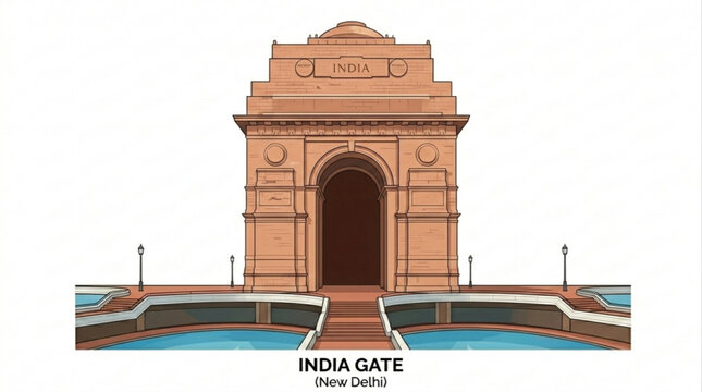 Architectural illustration of the iconic India Gate, a historic national monument and war memorial located in New Delhi, India, representing heritage and cultural significance