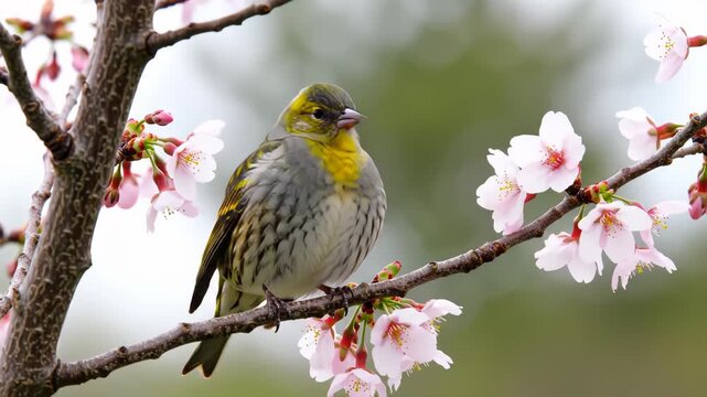Small bird with yellow accents perched on a branch amidst pink blossoms