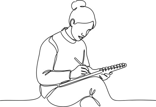 Woman drawing in notebook with pen, one line art illustration, creative hobby, focused activity