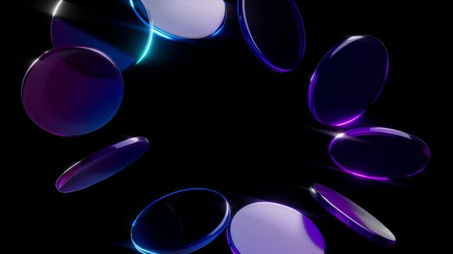 3d dark abstract geometric seamless looped neon color glowing background. Elegant Circular frame of spinning circles.