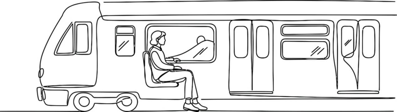 Sketch of person sitting inside a passenger train carriage, looking out window