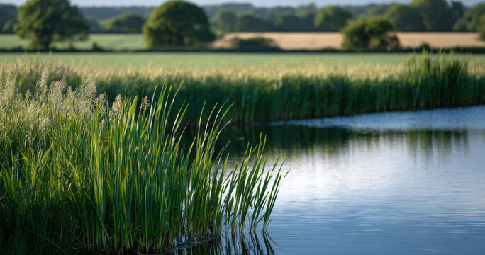 Calm pond with green reeds and countryside