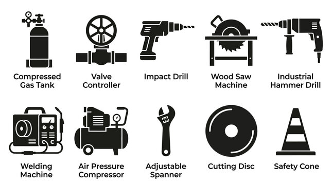 Geometric flat silhouette icon set of mechanical and industrial devices  compressed gas tank  valve controller  impact drill  wood saw machine  industrial hammer drill  welding machine  air pressure 