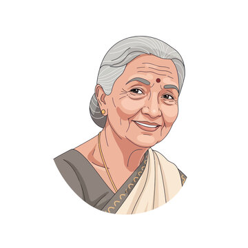 Smiling elderly Indian woman with gray hair and traditional sari, portrait