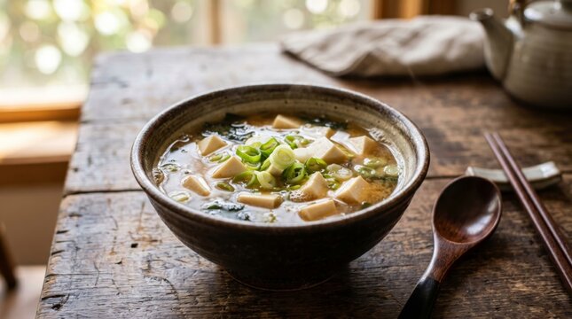 A warm bowl of miso soup featuring tofu and green onions, beautifully presented on a rustic wooden table.