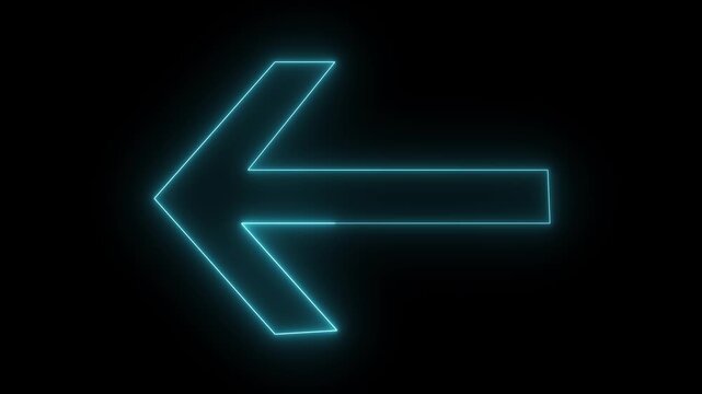 cyan color neon arrow pointer pointing left with glowing effect on black background motion animation 4k video...