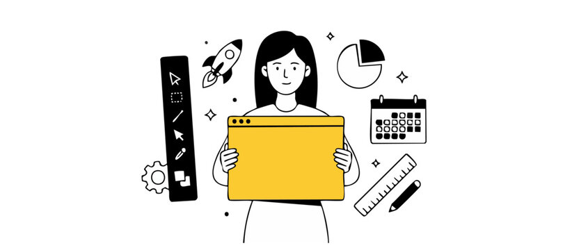 Web designer holding blank browser window with creative development icons like rocket, calendar, ruler, and pie chart, minimalist black and white line art illustration representing digital marketing.