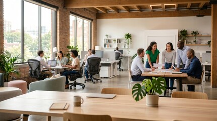 Fototapeta premium Diverse group of professionals collaborating in a modern office space filled with greenery.