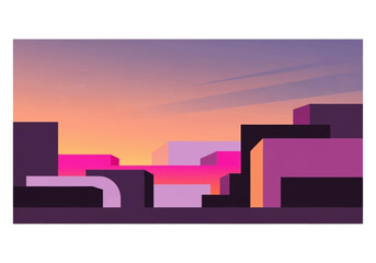 Minimalist Abstract Geometric Cityscape Background in Vaporwave Aesthetic with Purple and Pink Sunset Colors © Dimas