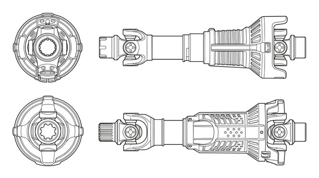 PTO shaft machinery component technical drawing blueprint with front side back and top views CAD line art vector illustration