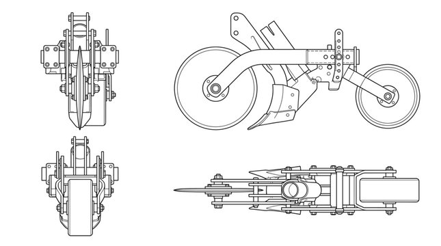 Furrow opener agricultural machine technical drawing blueprint with front side back and top views CAD line art vector illustration