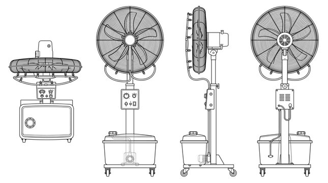 Misting fan cooling equipment technical drawing blueprint with front side back and top views CAD line art vector illustration