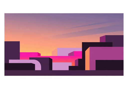 Minimalist Abstract Geometric Cityscape Background in Vaporwave Aesthetic with Purple and Pink Sunset Colors