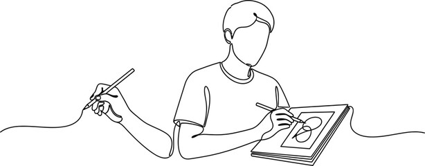 Continuous line drawing of a person sketching in a notebook with a pencil, creative process © Gombloh