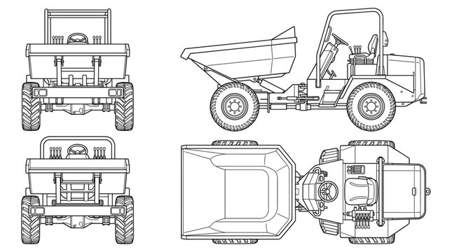 Mini dumper construction vehicle technical drawing blueprint with front side back and top views CAD line art vector illustration