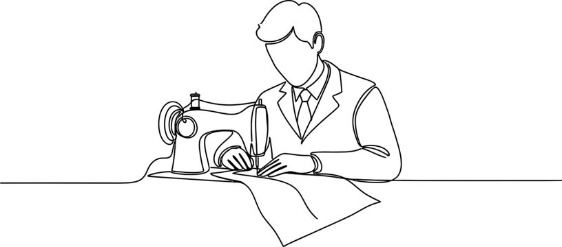 Tailor sewing clothes with a sewing machine, continuous line art