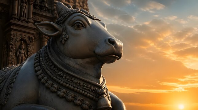 Ancient Stone Bull Statue Adorned with Jewelry at Sunset