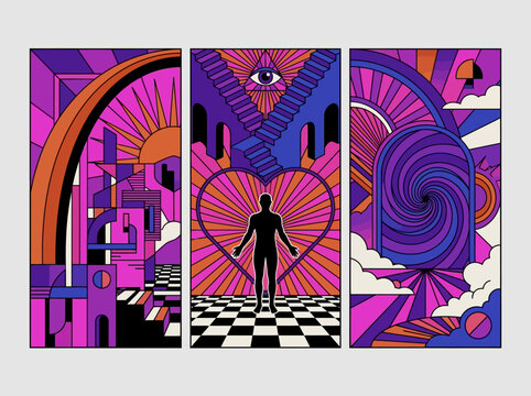 Surreal Psychedelic Triptych Vector Art with Mystical Symbols, Geometric Landscapes, and Human Silhouette