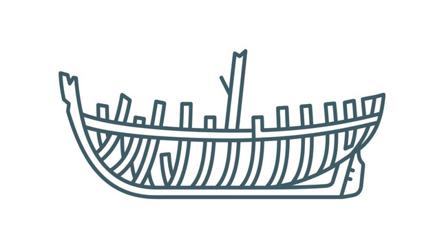 Outline drawing of an old wooden ship hull skeleton.