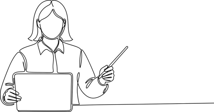 Woman Presenter with Pointer and Laptop - Single Line Art Illustration