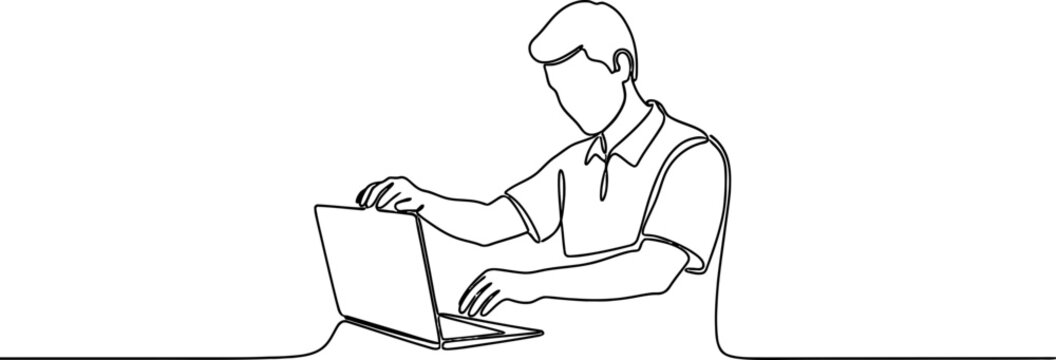 Minimalist single line drawing of a person using a laptop, white background, clean design