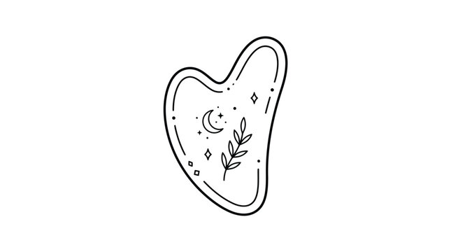 Black outline gua sha tool with celestial and botanical elements on white background, EPS vector illustration