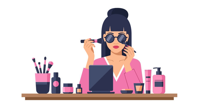 Flat Vector Illustration of a Woman Applying Makeup at a Vanity with Cosmetic Products and Beauty Accessories