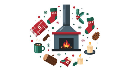 Obraz premium Cozy Winter Hygge Flat Vector Illustration Featuring Fireplace, Christmas Stockings, Hot Cocoa, Candles, and Holiday Decor Isolated on White