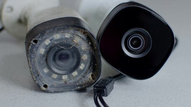 Security Camera - Detail of an old and modern security circuit camera, side by side on a white background, representing the evolution of surveillance.