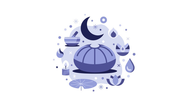 Mindfulness and Meditation Wellness Concept Vector Illustration with Zafu Cushion, Moon, Singing Bowl, and Lotus